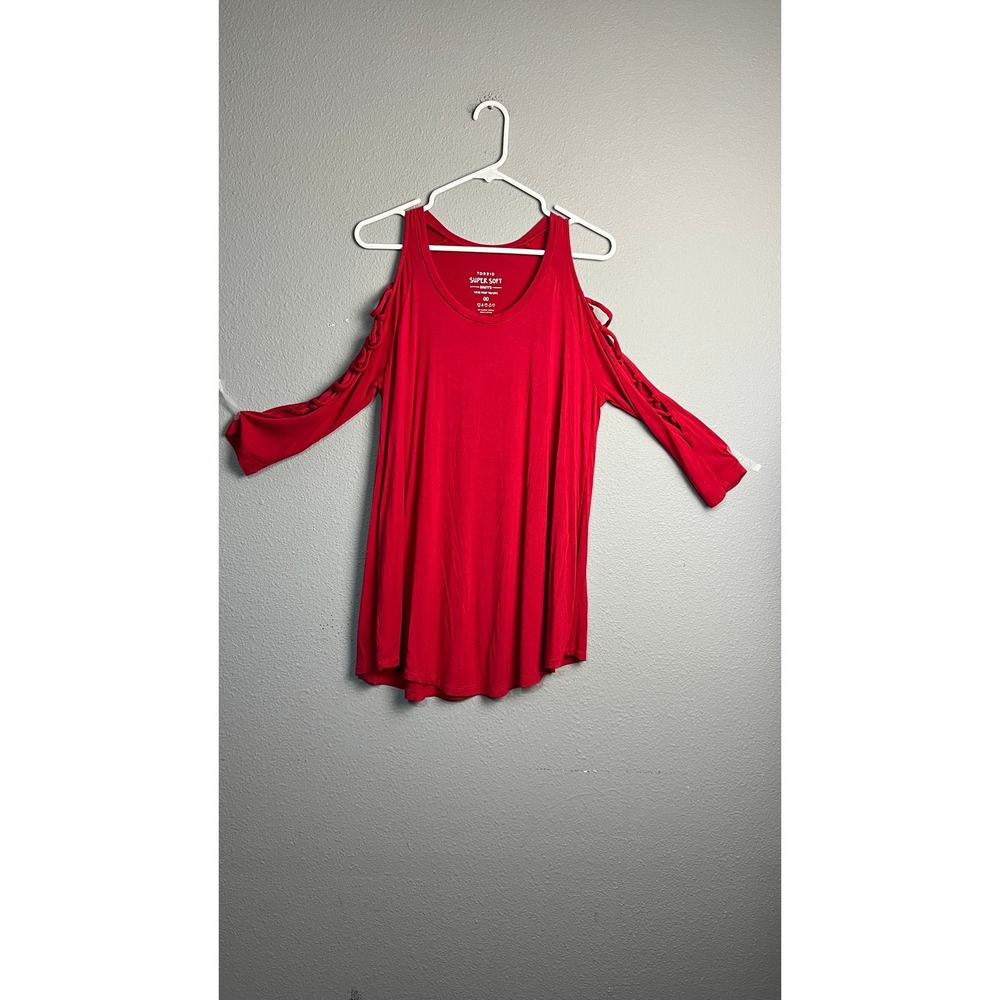 Torrid Super Soft Knits Red Cold‎ Shoulder Lattice Cage Sleeve Top 00 10/12 Med